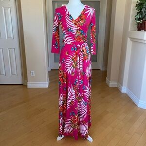 Floral Pink Stretch Boho Belted Tie Maxi Dress